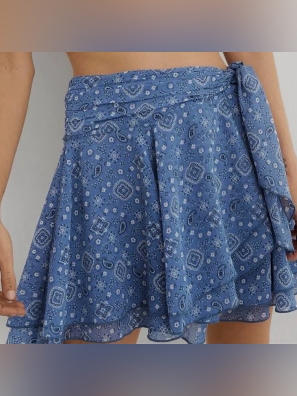 Aerie Blue Tiered Tie-Waist Semi Wrap Skirt w/Floral/Paisley Abstract Print!